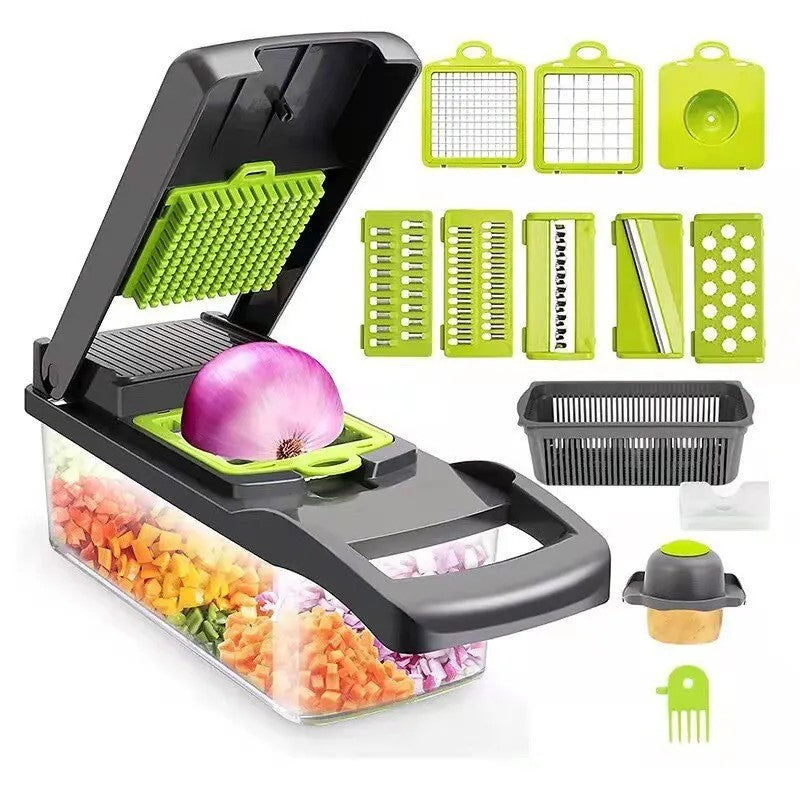 Full 12-in-1 vegetable chopper and slicer set with onion and chopped vegetables
