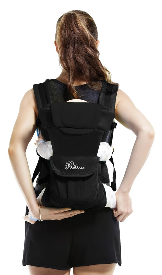 Black 4-in-1 breathable baby carrier back view with infant, ergonomic baby backpack carrier for 0-24 months, breathable design for safe and comfortable infant carrying