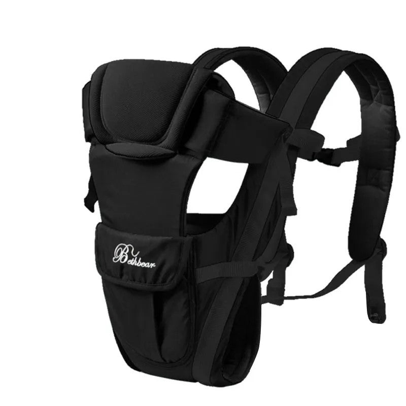 Black 4-in-1 breathable baby carrier front view, ergonomic infant sling for 0-24 months, ideal for front carry, featuring a kangaroo pouch design for comfort and breathability