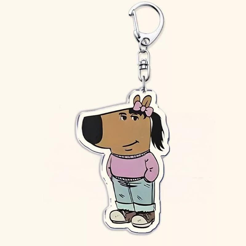 A colorful keychain featuring a cartoon horse character known as 'Chill Girl,' with a brown face, black hair, wearing a gray sweater, blue jeans, and red sneakers. The keychain includes a silver clip attachment