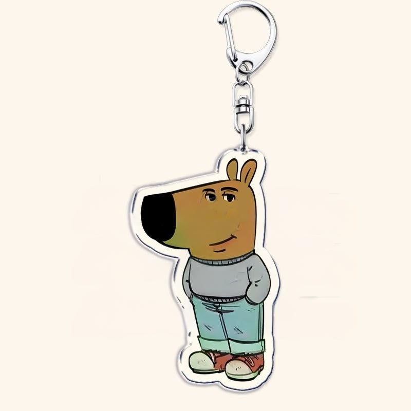 A colorful keychain featuring a cartoon horse character known as 'Chill Guy,' with a brown face, black hair, wearing a gray sweater, blue jeans, and red sneakers. The keychain includes a silver clip attachment