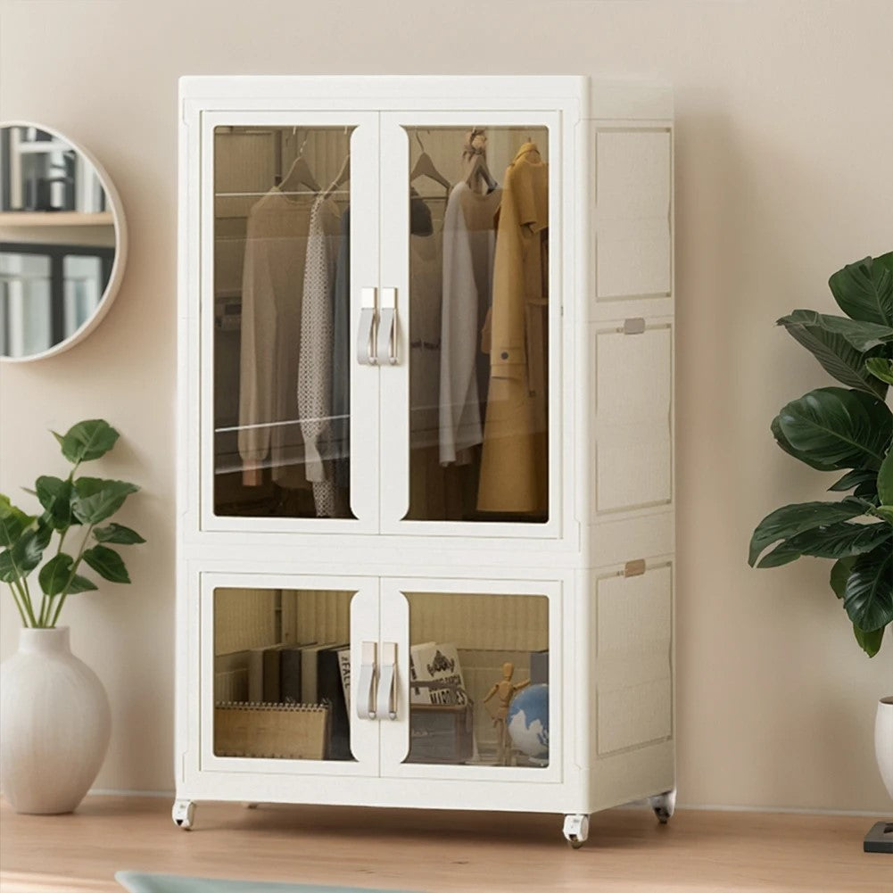 Stylish portable closet with clear doors used for clothes and books
