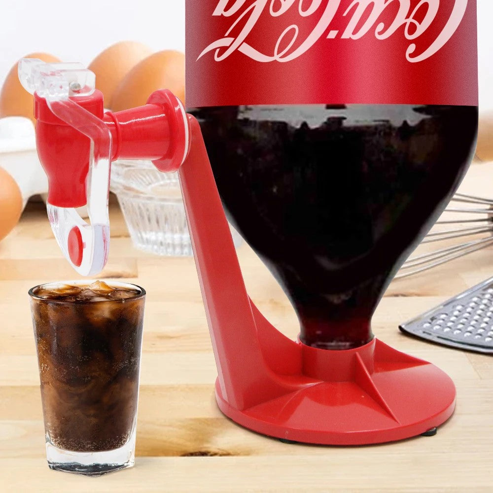 Coca-Cola bottle being used with the novelty soda beverage dispenser to dispense drinks at a party