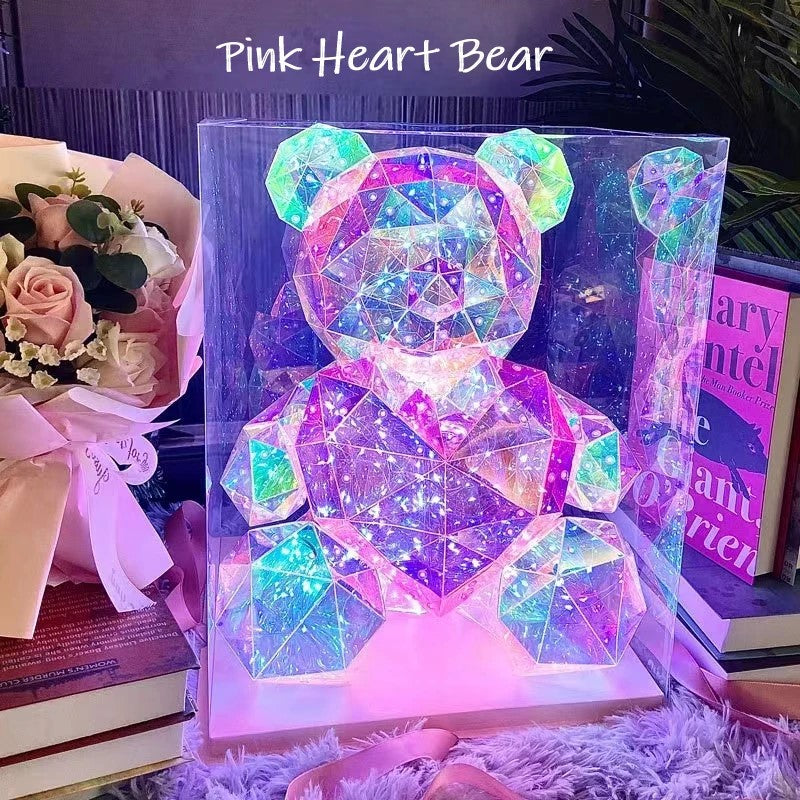Sparkling crystal bear with pink heart in display box, ideal romantic gift
