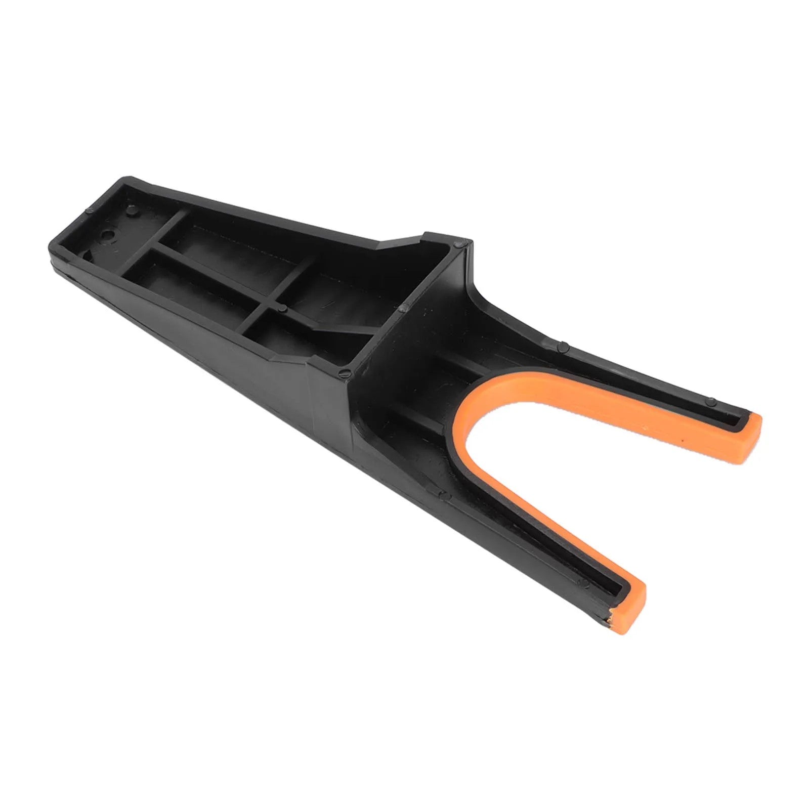 An angled view of a black and orange easy grip boot remover tool with a rubber grip and U-shaped handle, designed for waterproof and universal boot removal, shown on a white background