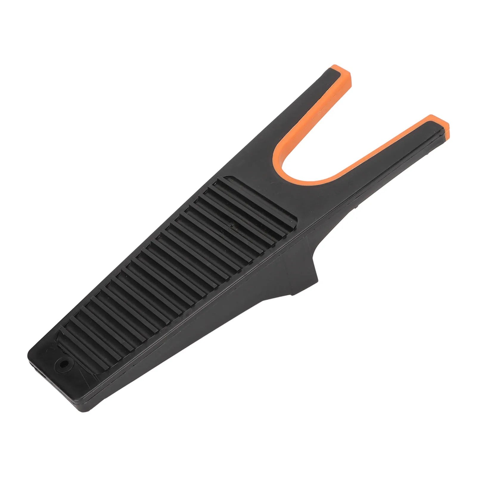 A close-up angled view of a black and orange easy grip boot remover tool with a rubber grip and U-shaped handle, designed for universal boot removal, shown on a white background