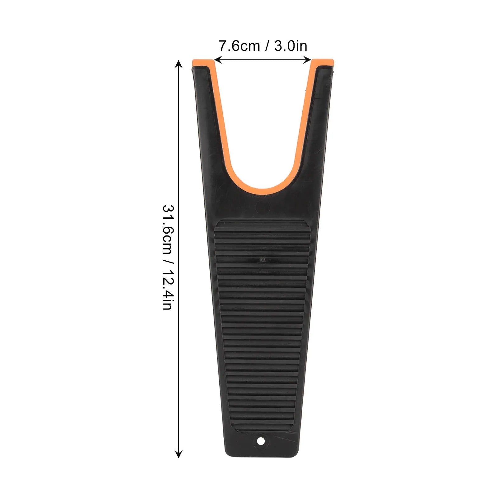 A black and orange waterproof easy grip boot remover tool with dimensions marked (7.6 cm/3.0 in wide and 31.6 cm/12.4 in long), shown on a white background, designed for removing boots like cowboy or work boots