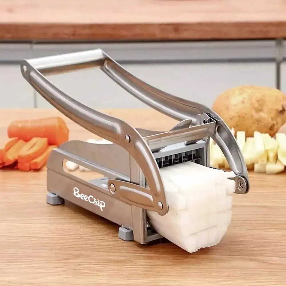 Pressing daikon radish with fry cutter for even slicing
