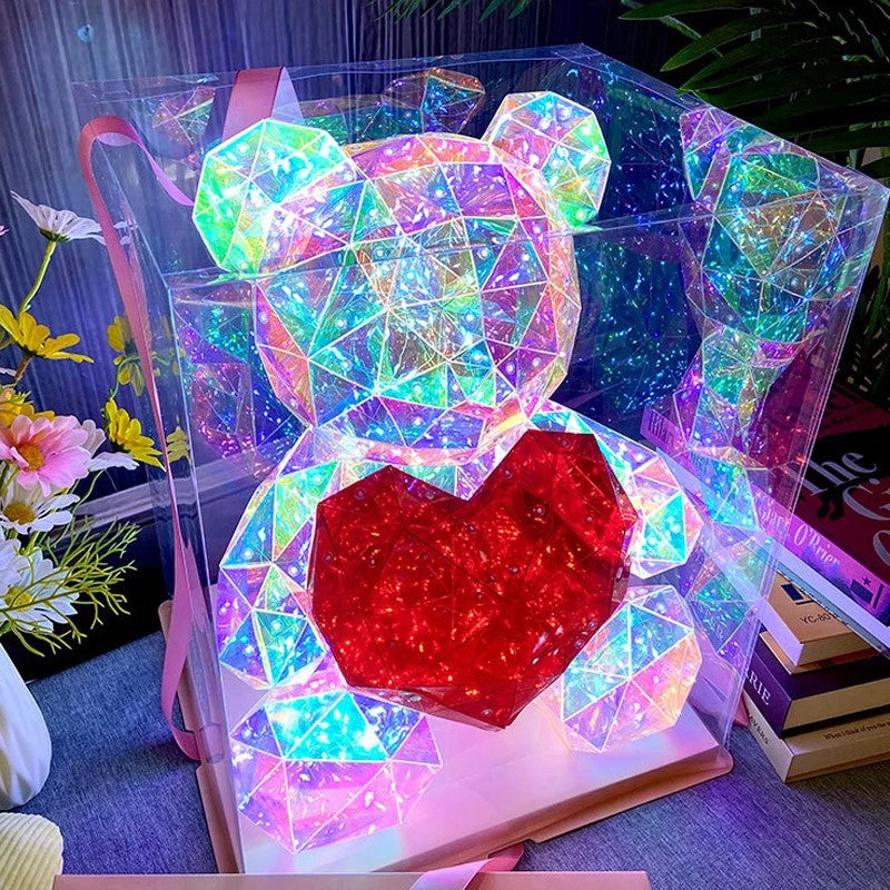 LED teddy bear gift lamp with red heart inside clear box