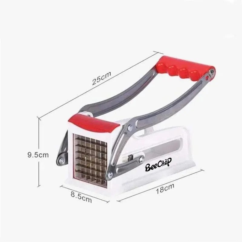 Dimensions of multicolor manual vegetable cutter with red handle
