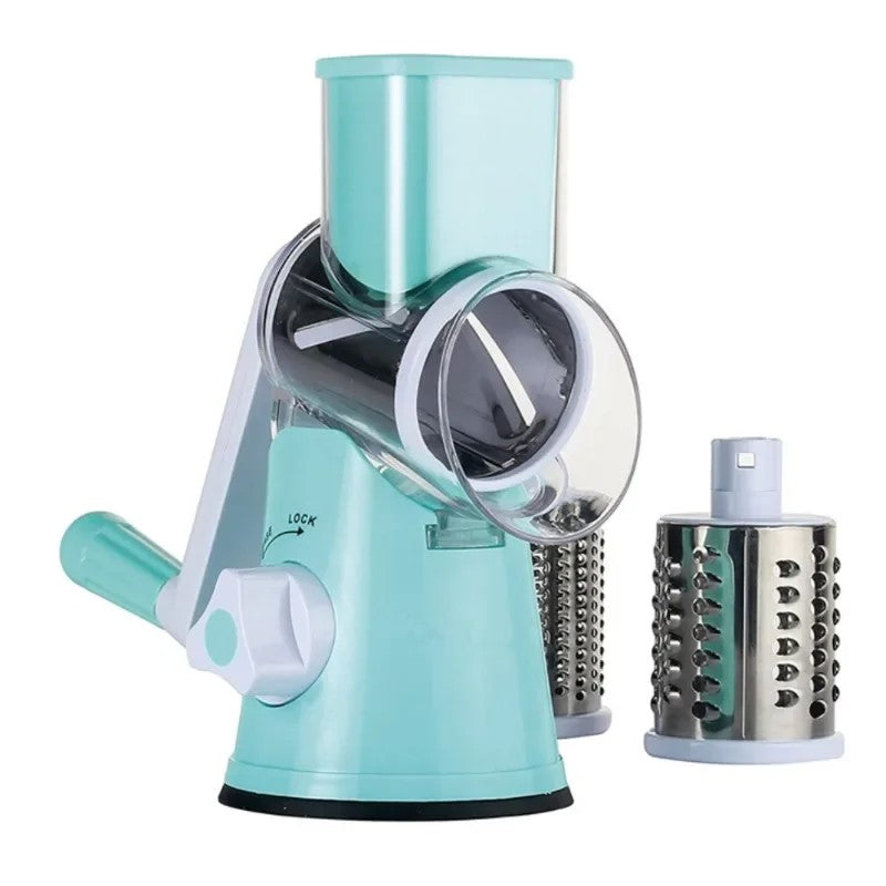 Multi-Drum Vegetable Cutting, Slicing & Shredding Tool in blue, manual kitchen chopper with handle, base, and two shredding drums, ideal for efficient cutting, slicing, and shredding of vegetables like potatoes and carrots