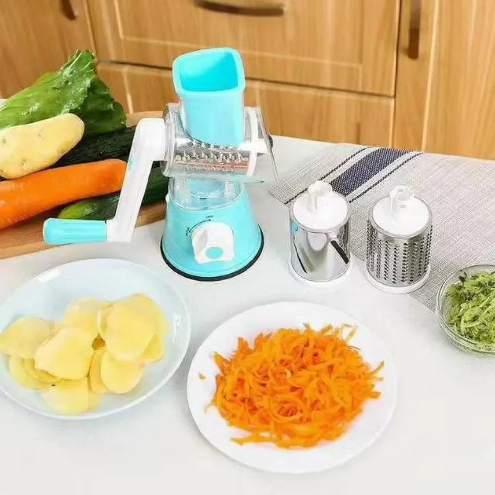 Multi-Drum Vegetable Cutting, Slicing & Shredding Tool in blue, manual kitchen chopper on a counter with potatoes, carrots, and cucumbers, shown with sliced potato chips and shredded carrots, ideal for easy vegetable prep
