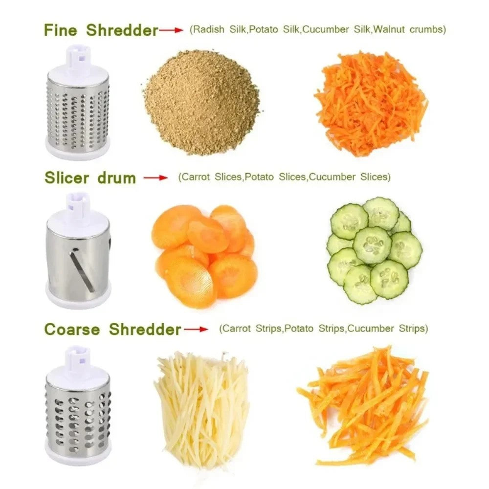 Multi-Drum Vegetable Cutting, Slicing & Shredding Tool drums and outputs, featuring Fine Shredder for radish silk and walnut crumbs, Slicer Drum for carrot and cucumber slices, and Coarse Shredder for carrot and potato strips, ideal for kitchen prep