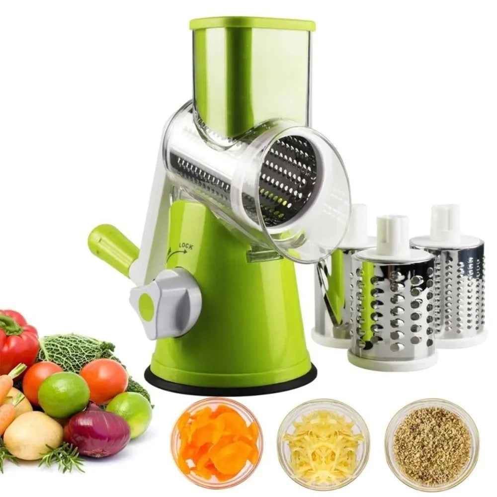 Multi-Drum Vegetable Cutting, Slicing & Shredding Tool full product view, manual kitchen chopper with 3 sharp drums for cutting, slicing, and shredding vegetables like potatoes, carrots, and cucumbers, shown with accessories and fresh produce