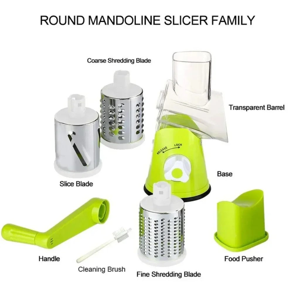 Multi-Drum Vegetable Cutting, Slicing & Shredding Tool in green, showing components of the Round Mandoline Slicer Family including coarse shredding blade, fine shredding blade, slice blade, transparent barrel, base, handle, cleaning brush, and food pusher, perfect for versatile kitchen use