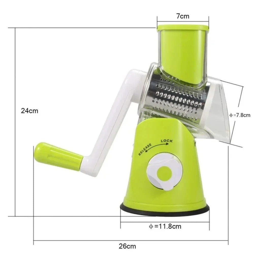 Multi-Drum Vegetable Cutting, Slicing & Shredding Tool in green, manual kitchen chopper with dimensions 24cm height, 26cm length, 7cm width, 11.8cm base diameter, and 7.8cm barrel diameter, ideal for efficient vegetable prep