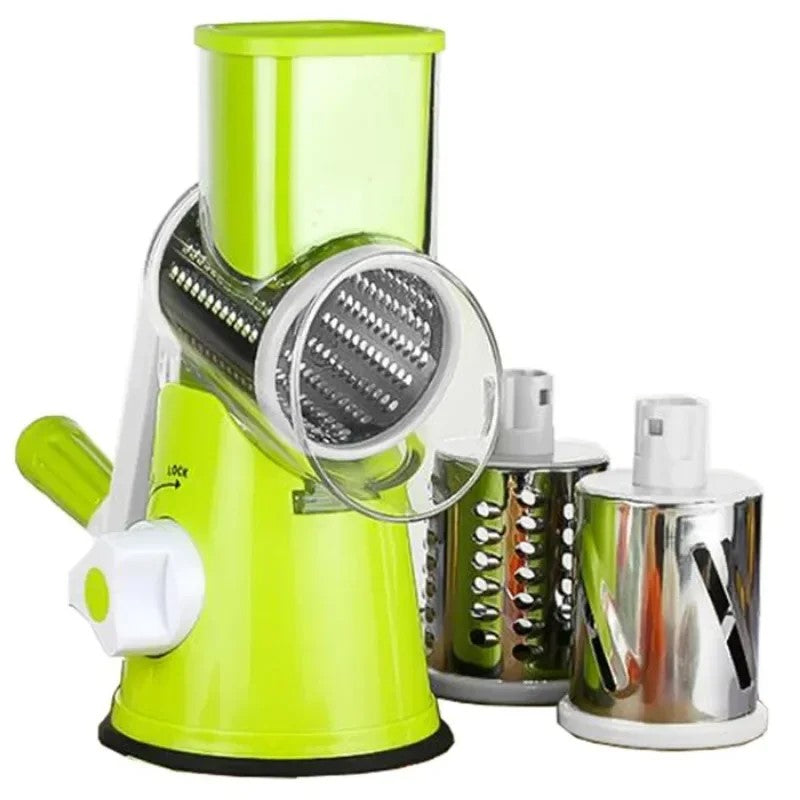 Multi-Drum Vegetable Cutting, Slicing & Shredding Tool in green, manual kitchen chopper with handle, base, and two shredding drums, perfect for slicing and shredding vegetables like potatoes, carrots, and cucumbers