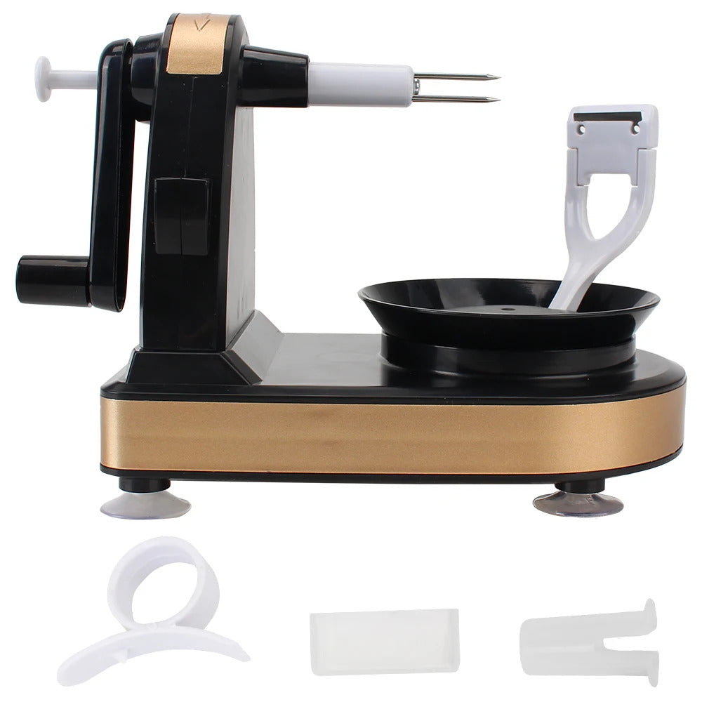 Complete set of the fruit peeler machine with included finger ring tool and extras.