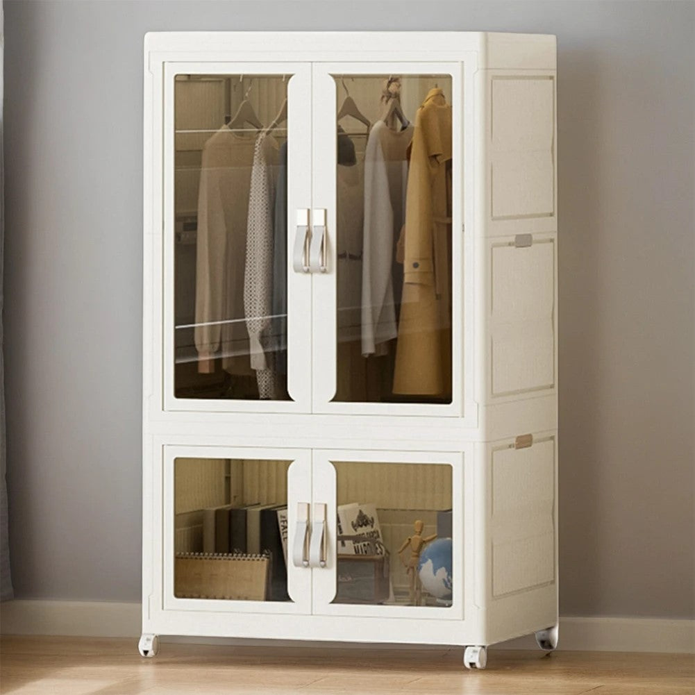 White modular wardrobe cabinet with hanging clothes and organized shelves
