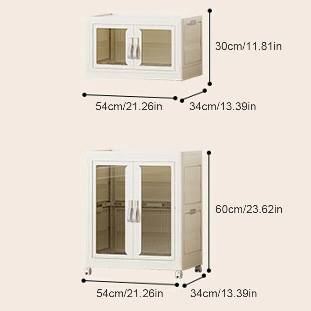 Dimensions of small and tall closet cabinet with wheels and clear doors
