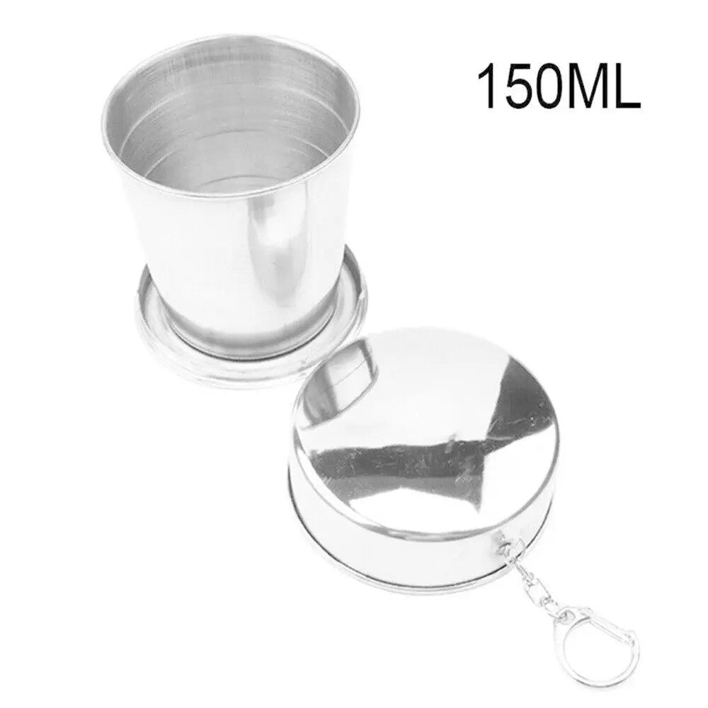 Portable Folding Stainless Steel Travel Cup - 150ML, compact and collapsible with a keychain lid, ideal for travel and outdoor use