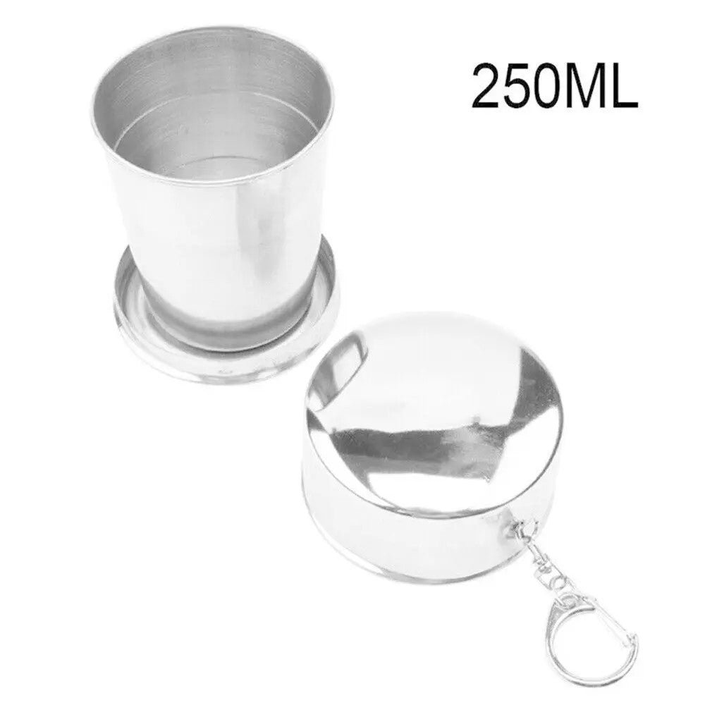 250ml Portable Folding Stainless Steel Travel Cup with keychain cover – durable and collapsible cup for on-the-go use