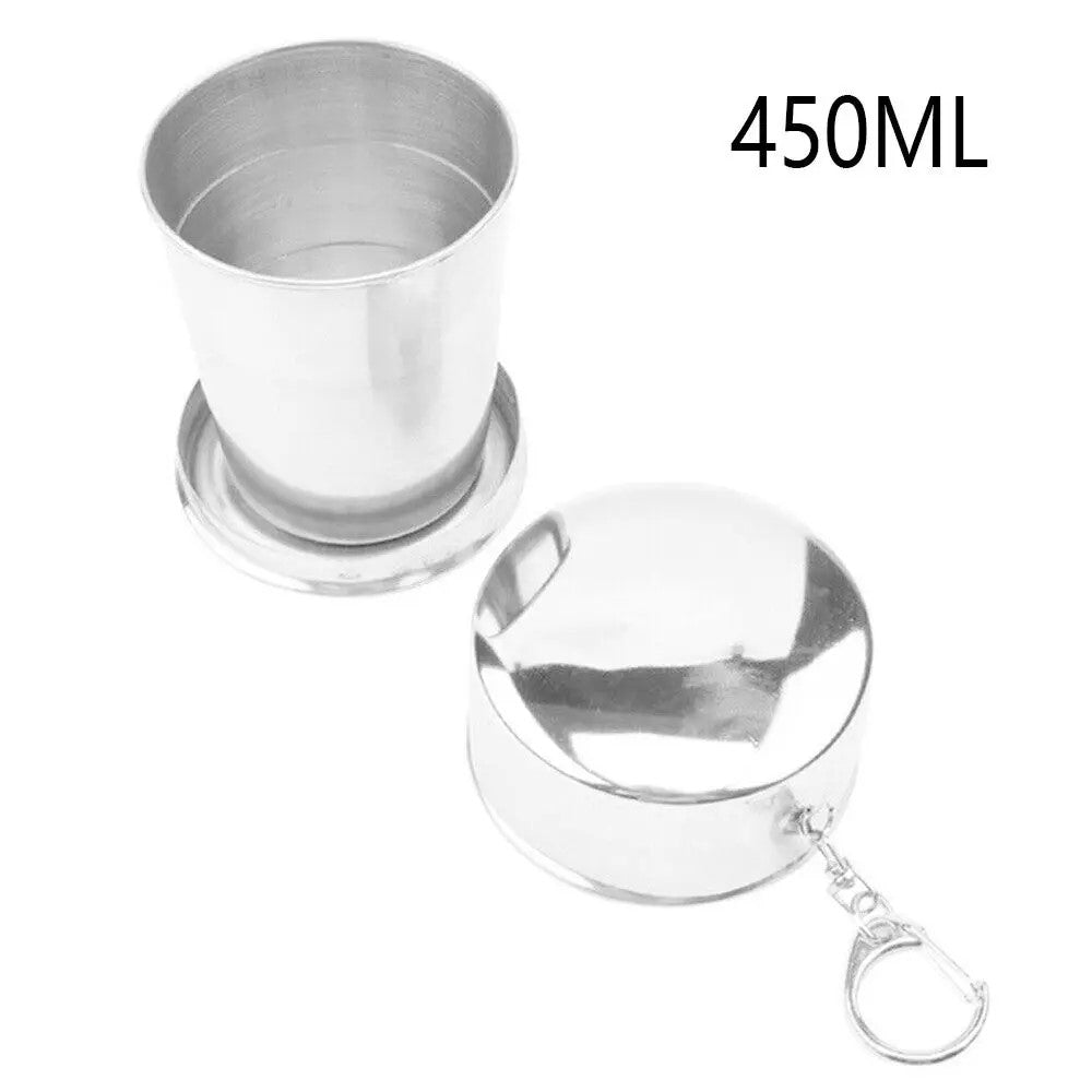 Portable Folding Stainless Steel Travel Cup - 450ML, durable and foldable design with keychain lid for convenience on the go
