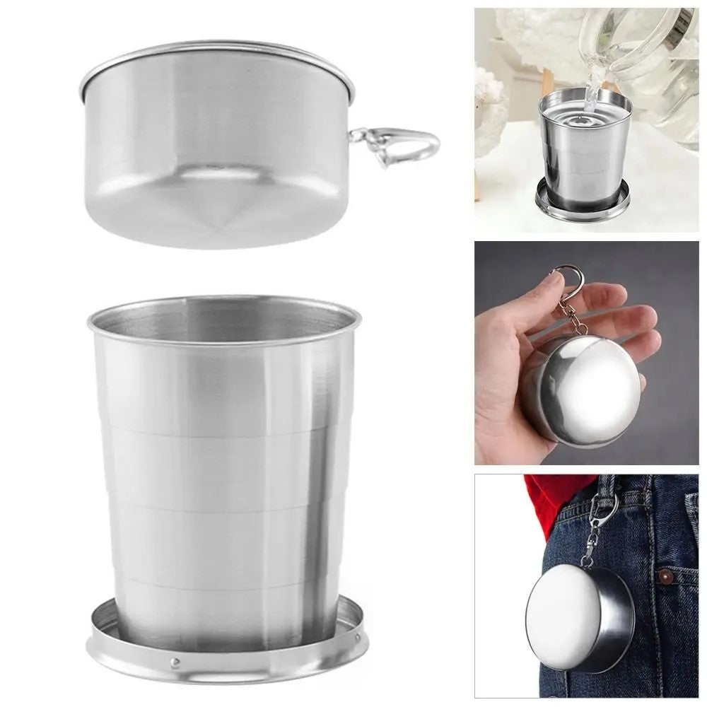 Collapsible Portable Stainless Steel Travel Cup – lightweight and compact with a secure keychain cover for easy carrying