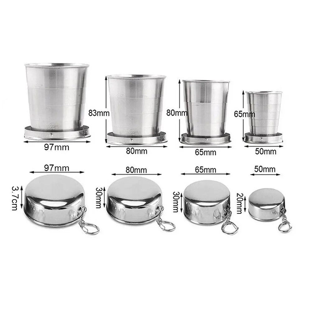 Portable Folding Stainless Steel Travel Cup with detailed dimensions, showing height and width for accurate size reference