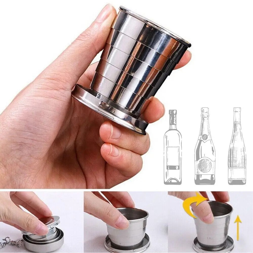 Portable Folding Stainless Steel Travel Cup being held in hand, showing its compact and collapsible design