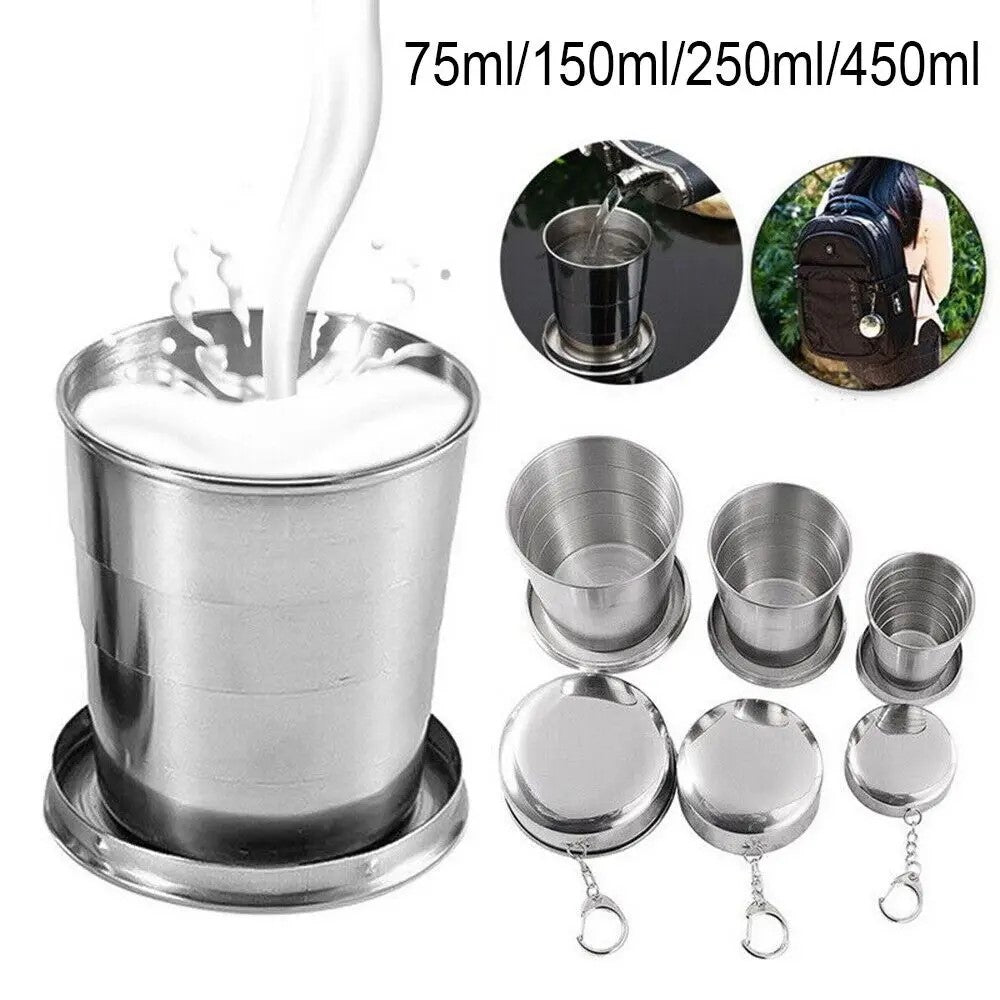 Set of Portable Folding Stainless Steel Travel Cups in multiple sizes, ideal for outdoor adventures and everyday use