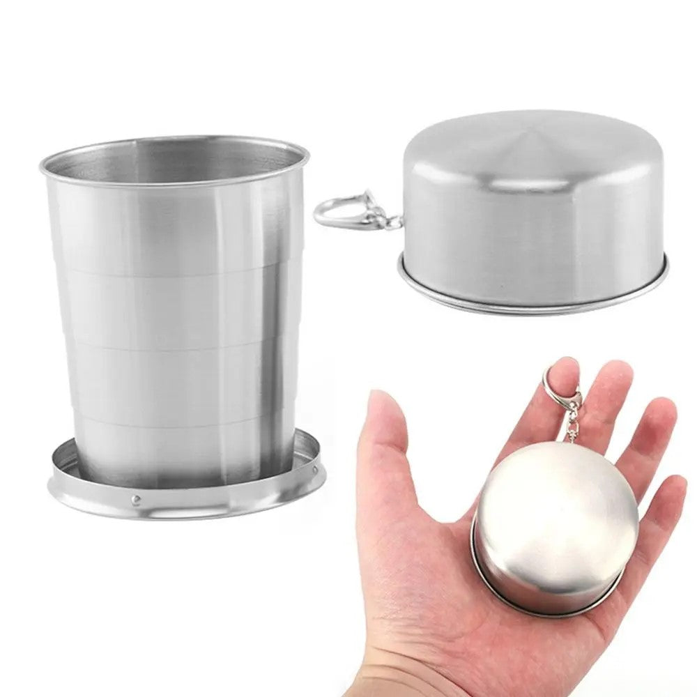 Portable Folding Stainless Steel Travel Cup with a secure lid and keychain for easy carrying