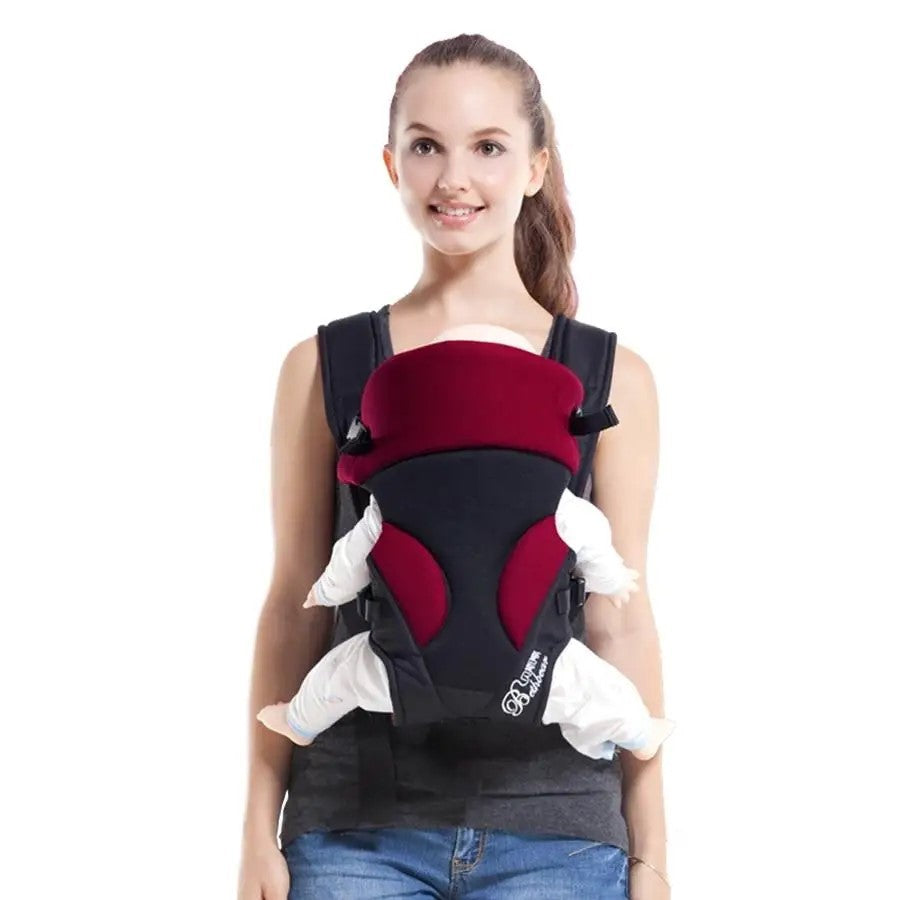 Red and black 4-in-1 breathable baby carrier with infant in front carry, ergonomic infant sling for 0-24 months, breathable kangaroo pouch design for safe and comfortable baby wearing