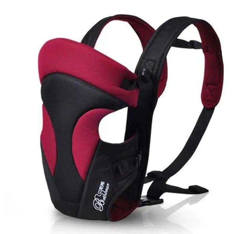 Red and black 4-in-1 breathable baby carrier side view, ergonomic infant sling for 0-24 months, featuring a kangaroo pouch design for safe and comfortable front or back carrying