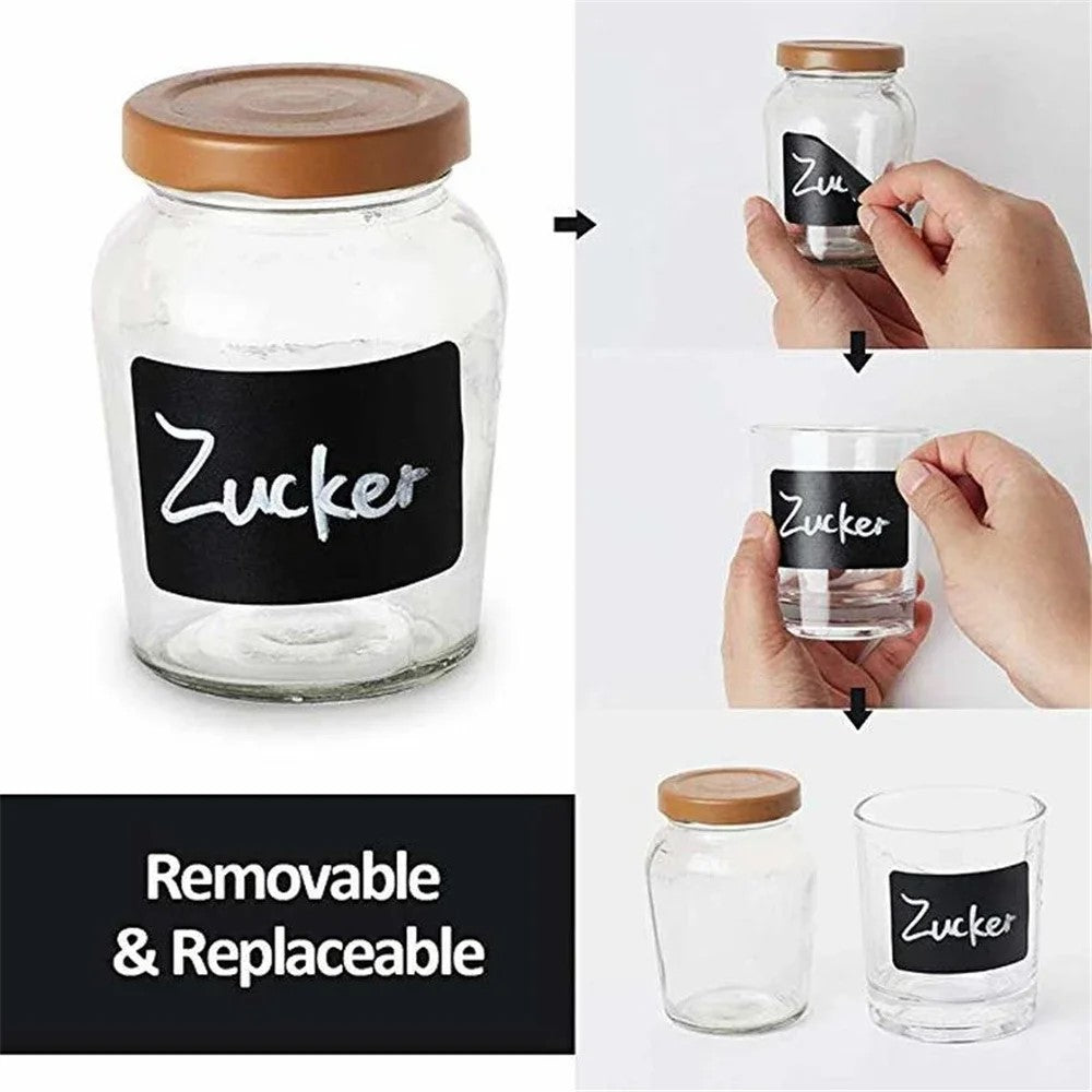 Demonstration of removable and replaceable chalkboard sticker on glass jars

