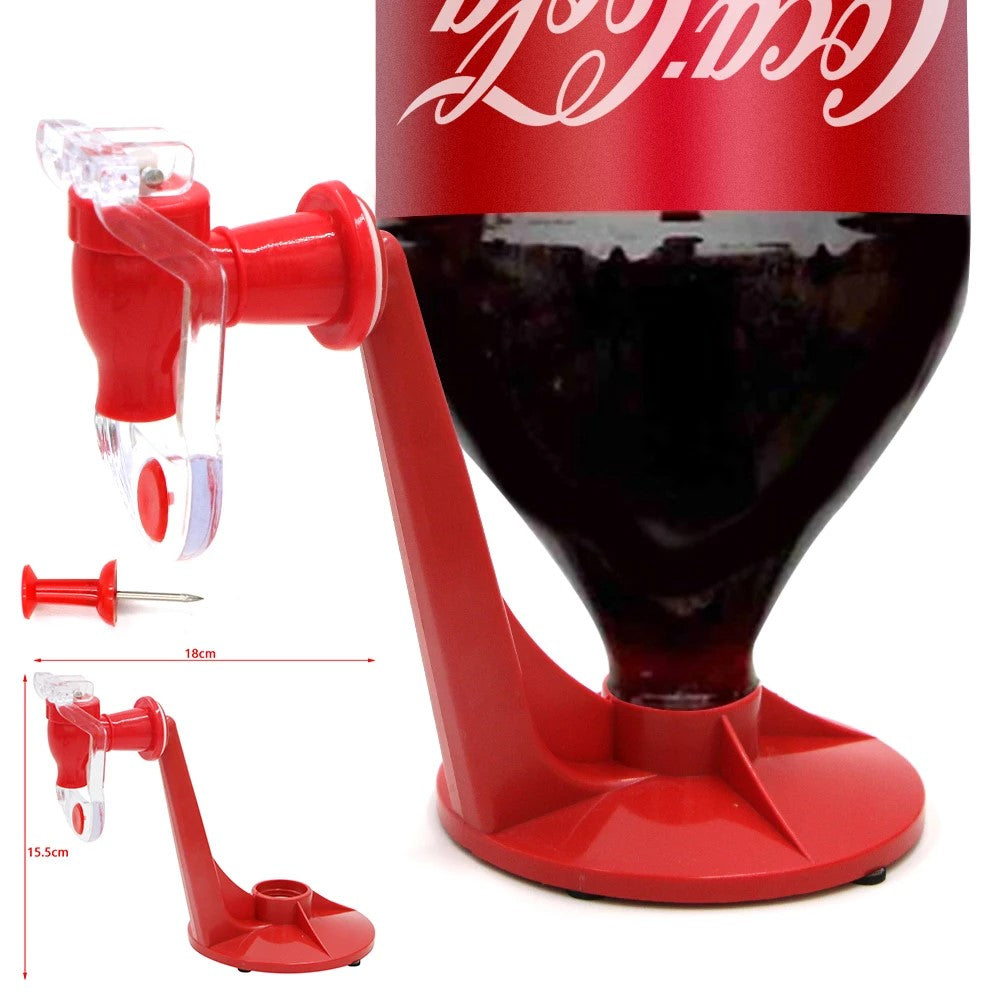 Novelty soda beverage dispenser with a Coca-Cola bottle, displayed on a white background. The dispenser's size and dimensions are indicated, showing the height and width in centimeters