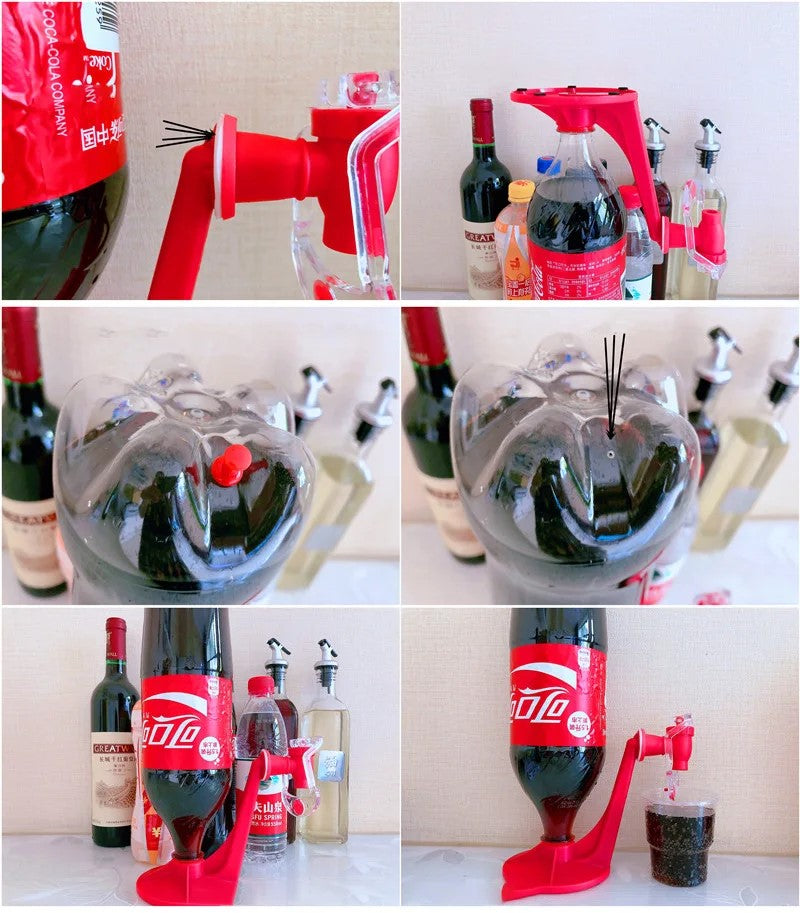 Step-by-step guide showing how to use the novelty soda beverage dispenser with a Coca-Cola bottle to dispense drinks, illustrating the process from start to finish