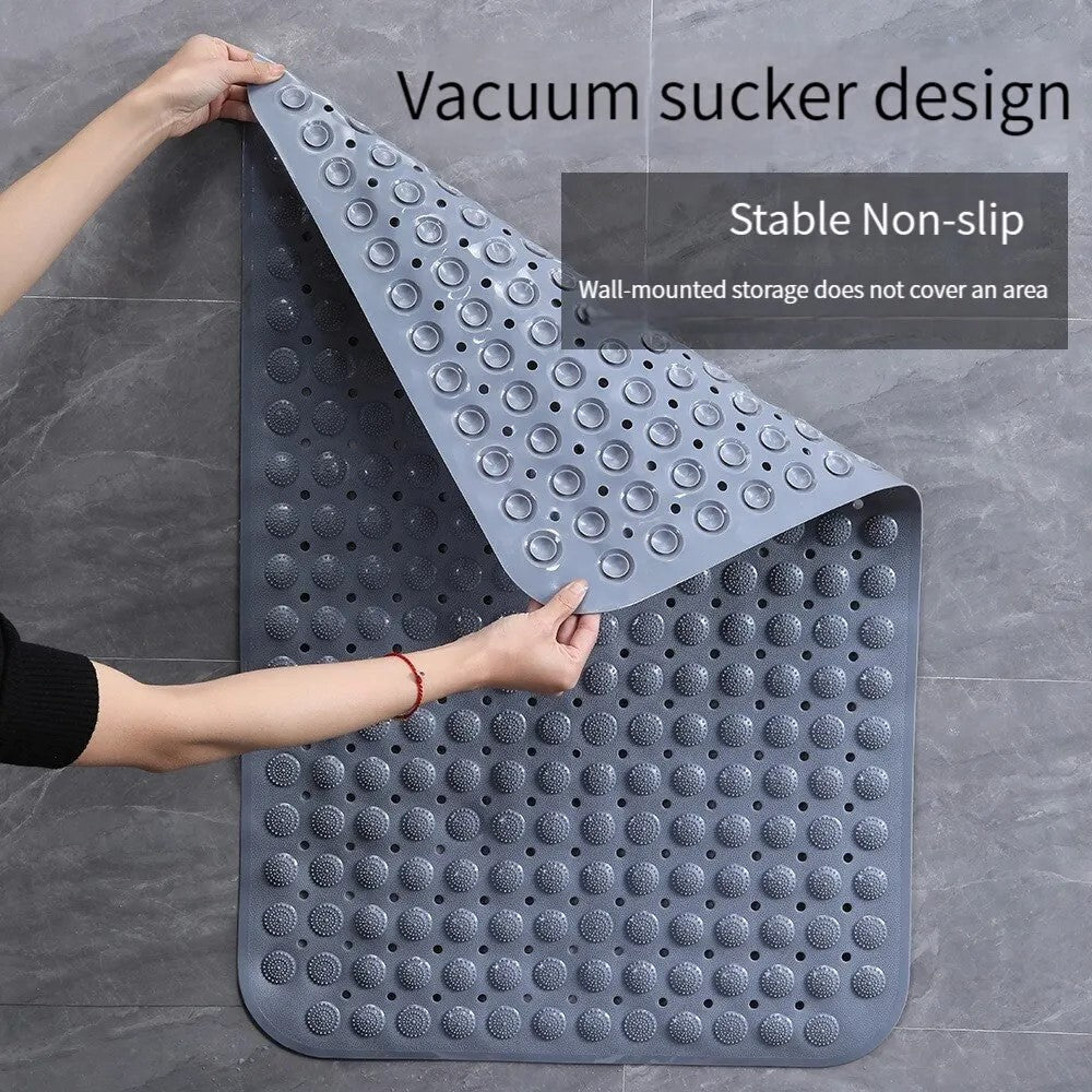 Gray bath mat showing vacuum suction design for anti-slip use