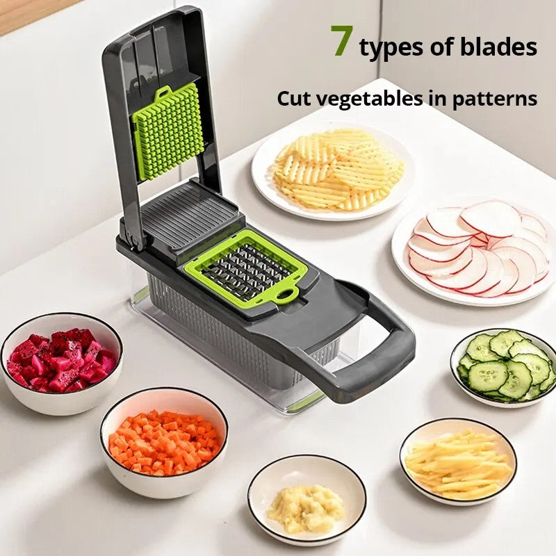 12-in-1 vegetable chopper slicing and dicing multiple vegetables in patterned cuts
