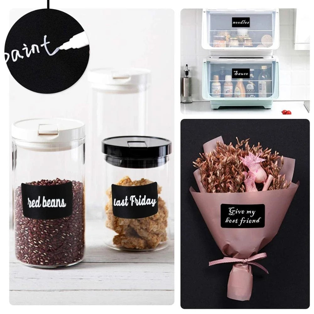 Chalkboard labels used on food jars, storage boxes, and gift bouquet
